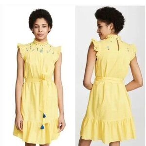 Banjanan Asha Swiss Dot Embroidered Floral Shift Dress Flutter Sleeve Tie Belt